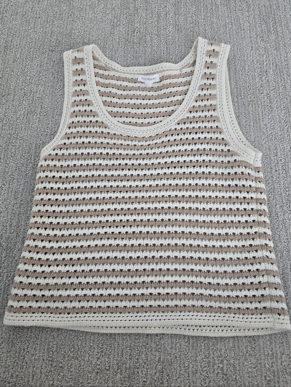 NWOT Blu Pepper Cream & Tan Striped Crochet Tank Top 100% Cotton